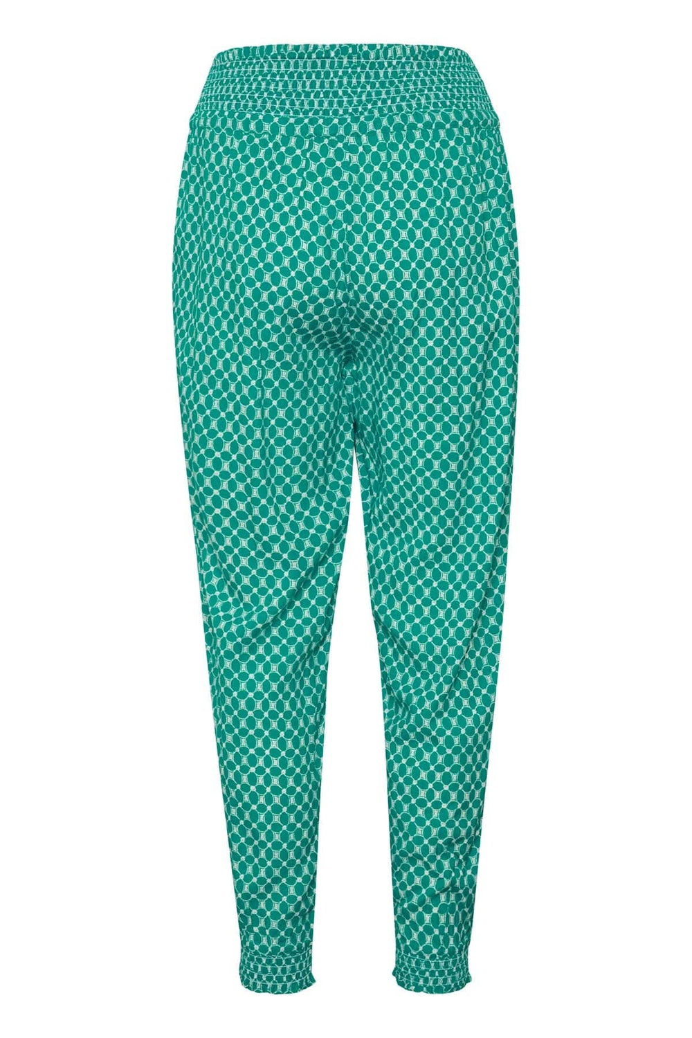Pantalon Willis à taille élastique, effet jambe ballon, motif vert, dos du produit, parfait avec une camisole blanche.