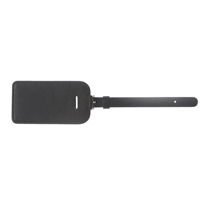 Étiquette à bagages en cuir noir avec une sangle ajustable, élégante et pratique pour vos voyages.