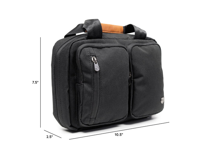 PKG Simcoe recycled essentials bag, weather-resistant fabric, internal organization, and vegan leather accents.