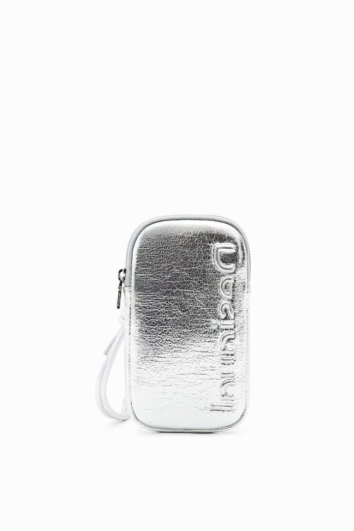 Porte-smartphone portefeuille en tissu effet cuir argenté avec logo embossé et ganse.