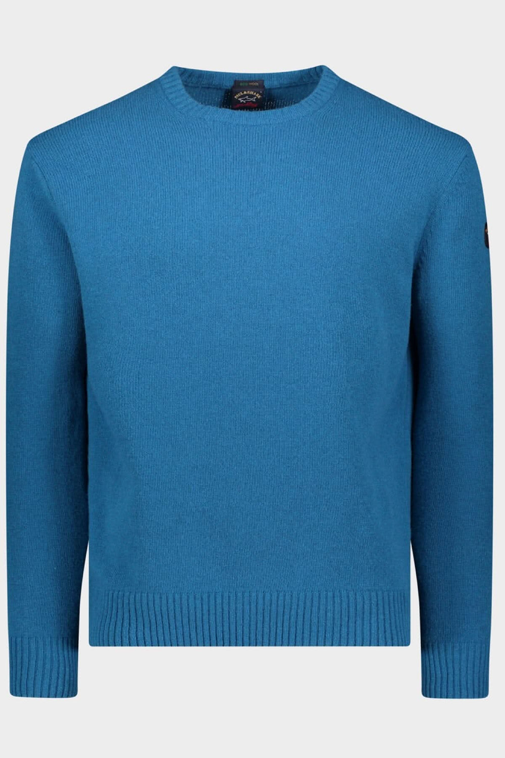 Pull en laine Shetland bleu avec col rond et finitions en tricot, collection Paul & Shark.