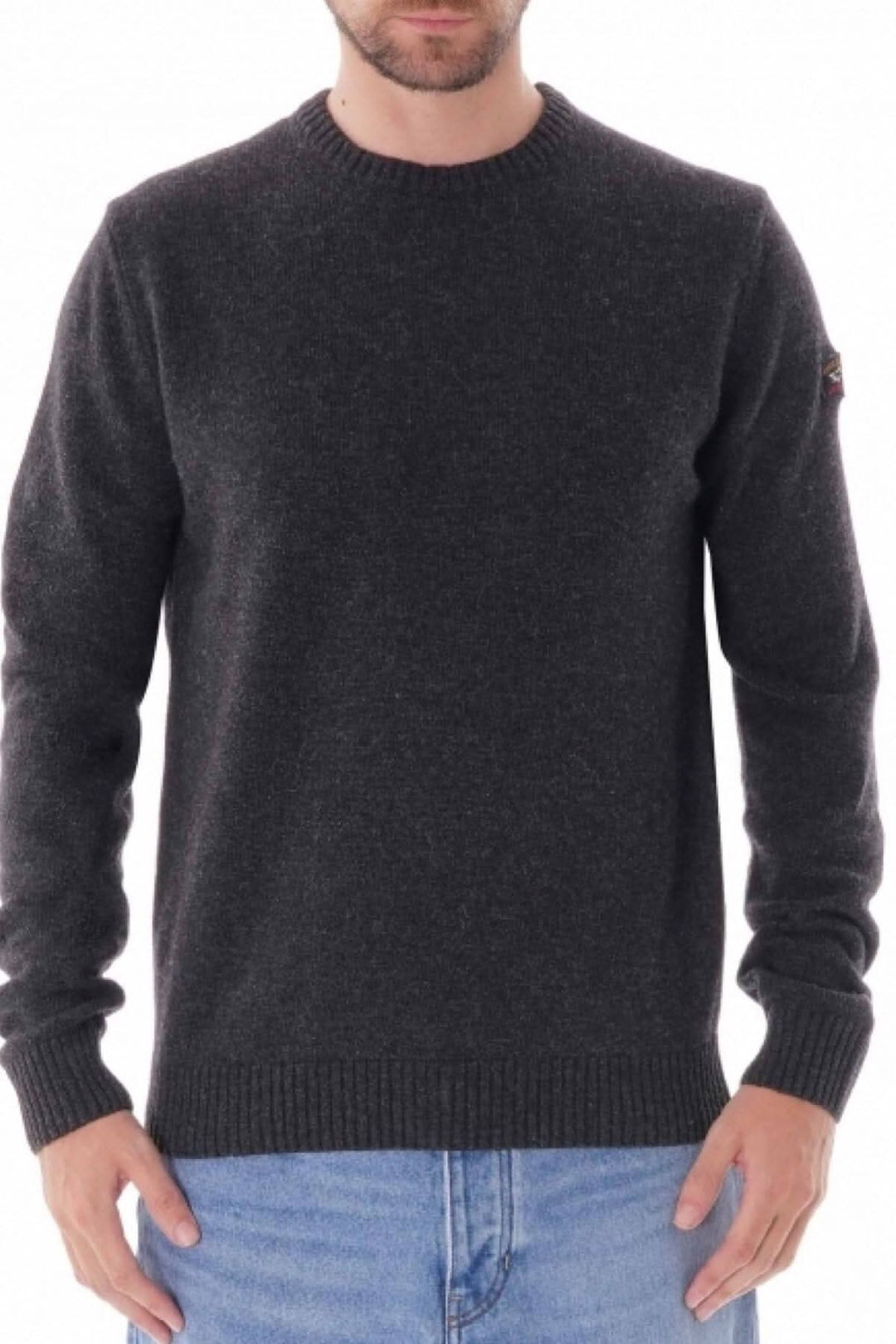Pull en laine Shetland Paul &amp; Shark, modèle col rond, couleur gris foncé, style intemporel et classique.