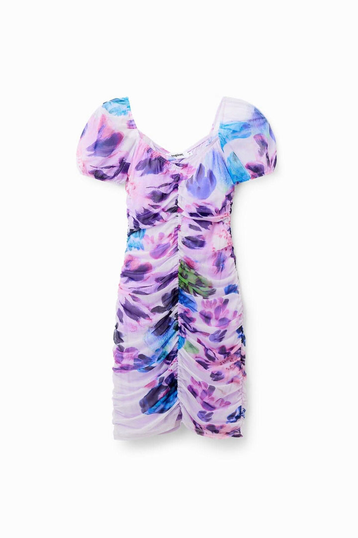 Robe courte froncée M. Christian Lacroix avec imprimé floral aquarelle, manches bouffantes et col en V.