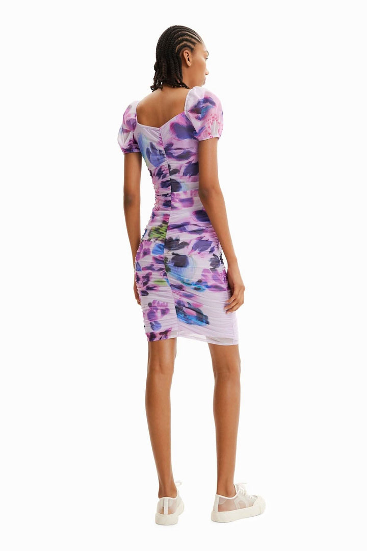 Robe courte froncée M. Christian Lacroix, imprimé floral, manches bouffantes, vue arrière.