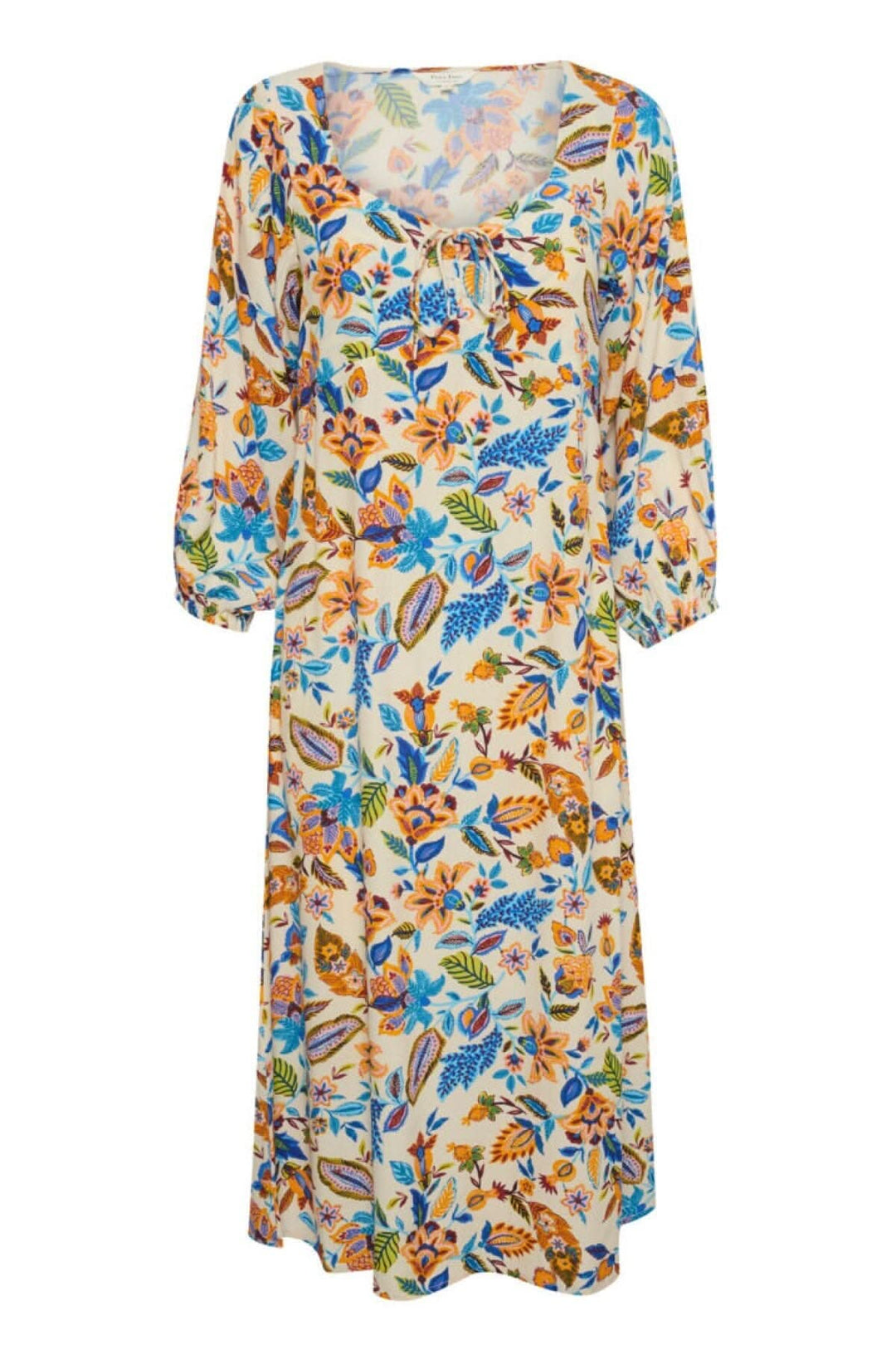 Robe fleurie Samira longue avec manches bouffantes et col décoratif, style décontracté et couleur vive.