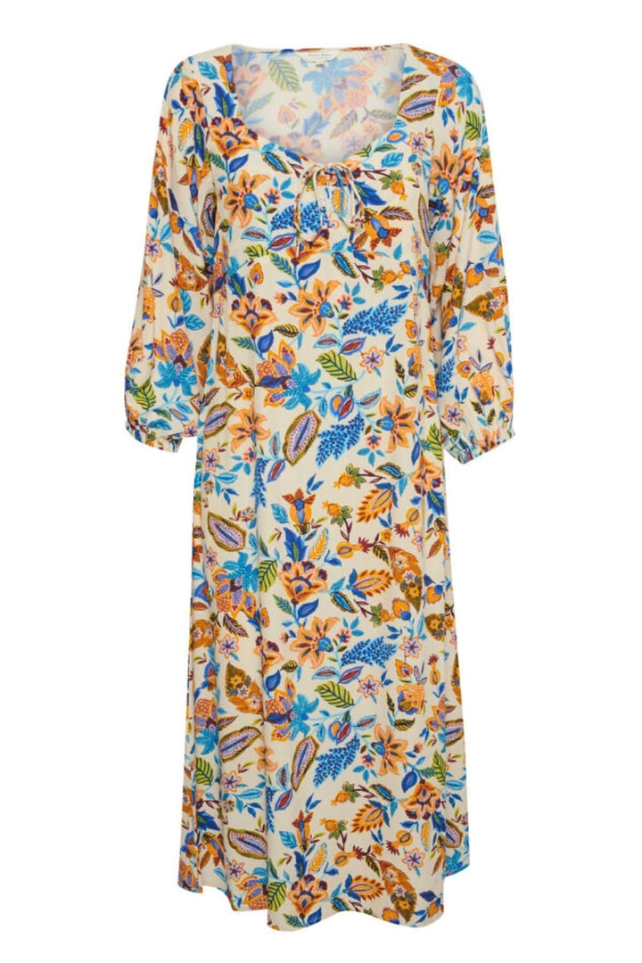 Robe fleurie Samira longue avec manches bouffantes et col décoratif, style décontracté et couleur vive.