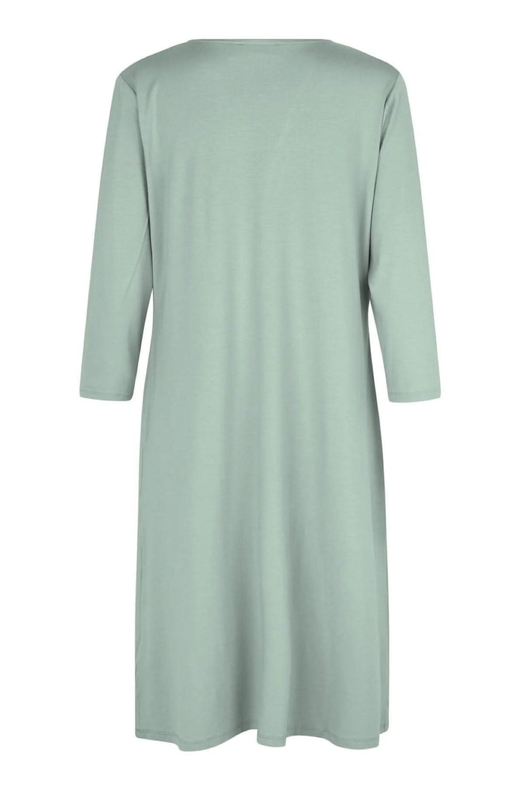 Robe Nibi en jersey vert menthe, vue de dos, avec manches trois-quarts et coupe légèrement ajustée.