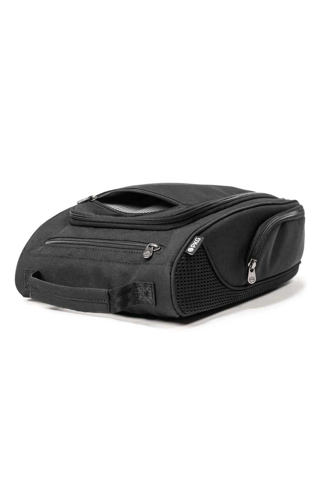 Sac à chaussures PKG Angus noir, résistant aux intempéries avec poignée et ventilation, idéal pour le transport de chaussures.