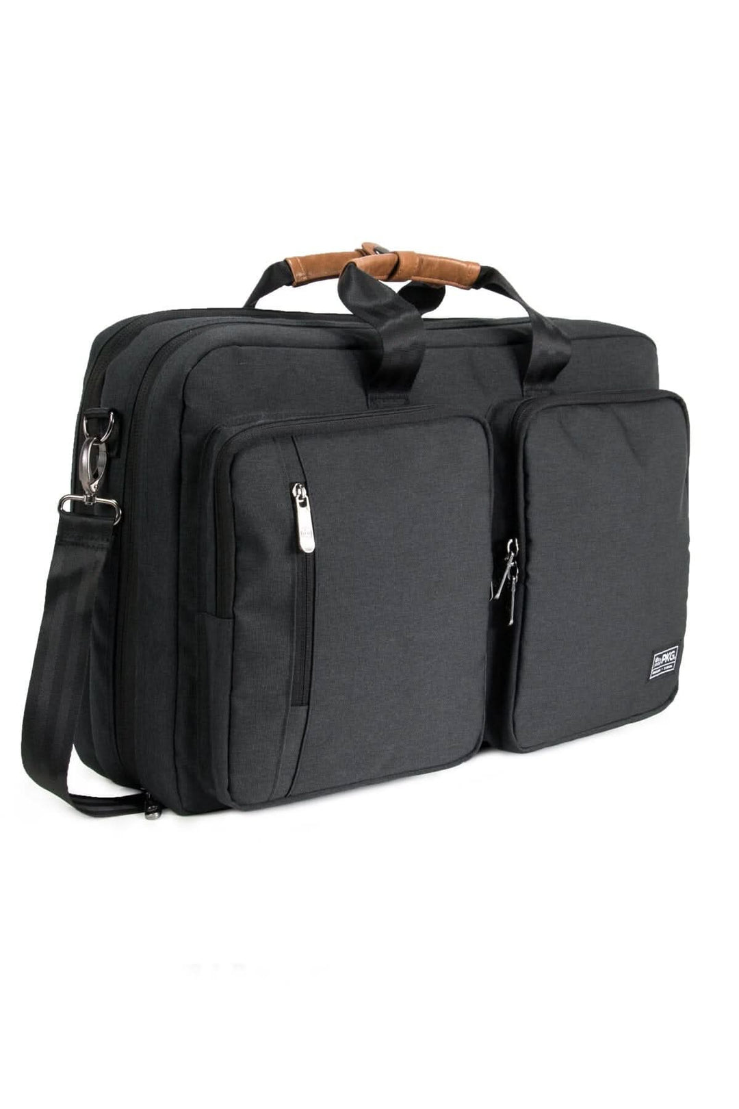 Sac à dos messager noir avec poches zippées, bandoulière et poignées en cuir, conçu pour le transport d&