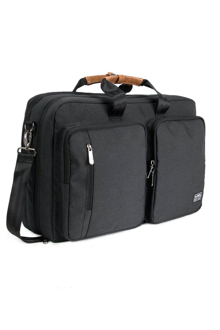 Sac à dos messager noir avec poches zippées, bandoulière et poignées en cuir, conçu pour le transport d&