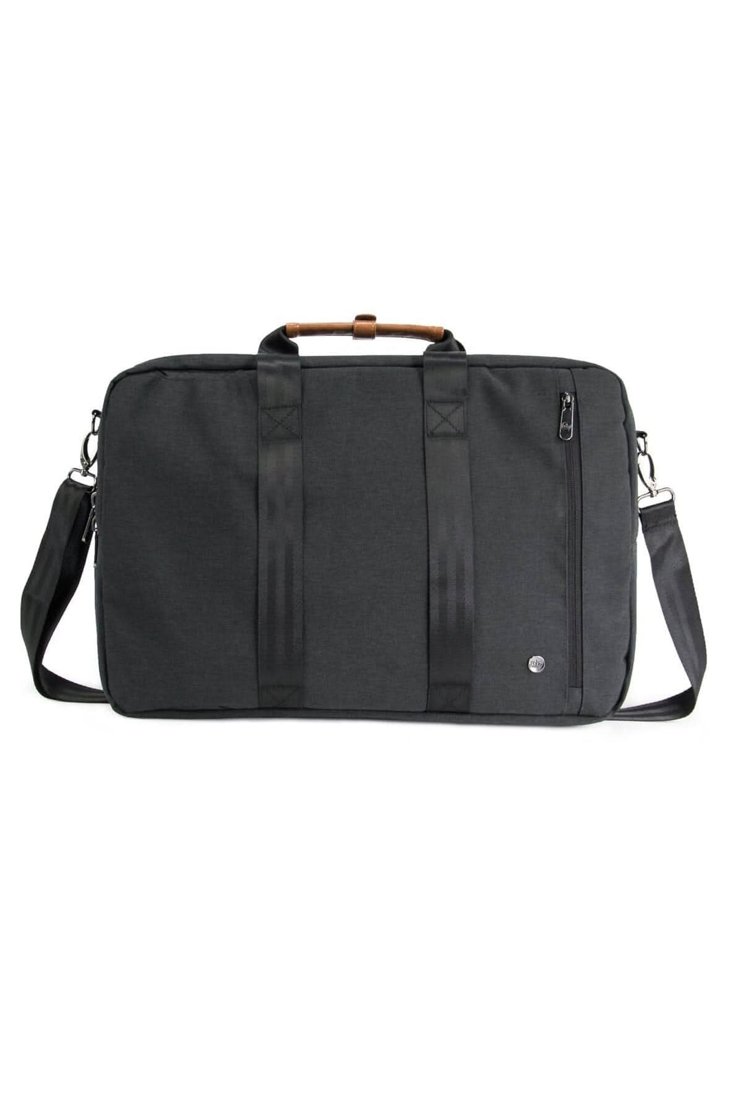 Sac à dos messager noir avec poignées en bois et bandoulière ajustable.