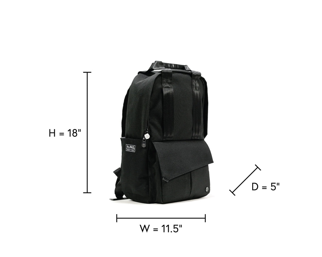 Sac à dos PKG Rosseau recyclé 19L, dimensions 18"H x 11.5"W x 5"D, design fonctionnel et esthétique épurée.