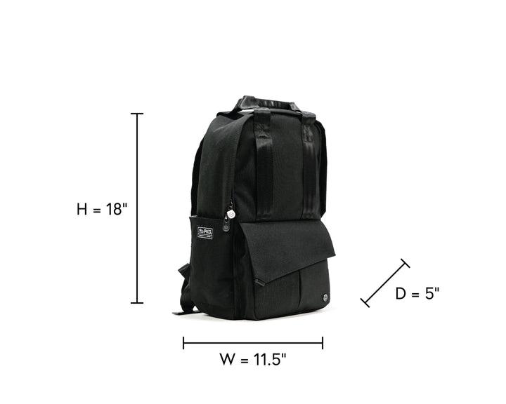 Sac à dos PKG Rosseau recyclé 19L, dimensions 18"H x 11.5"W x 5"D, design fonctionnel et esthétique épurée.