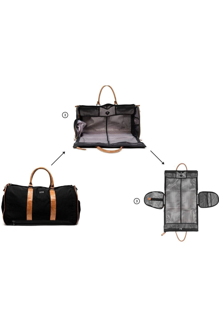 Sac de sport Rosedale 41L en noir et cuir, vue intérieure et extérieure, idéal pour les voyages d&