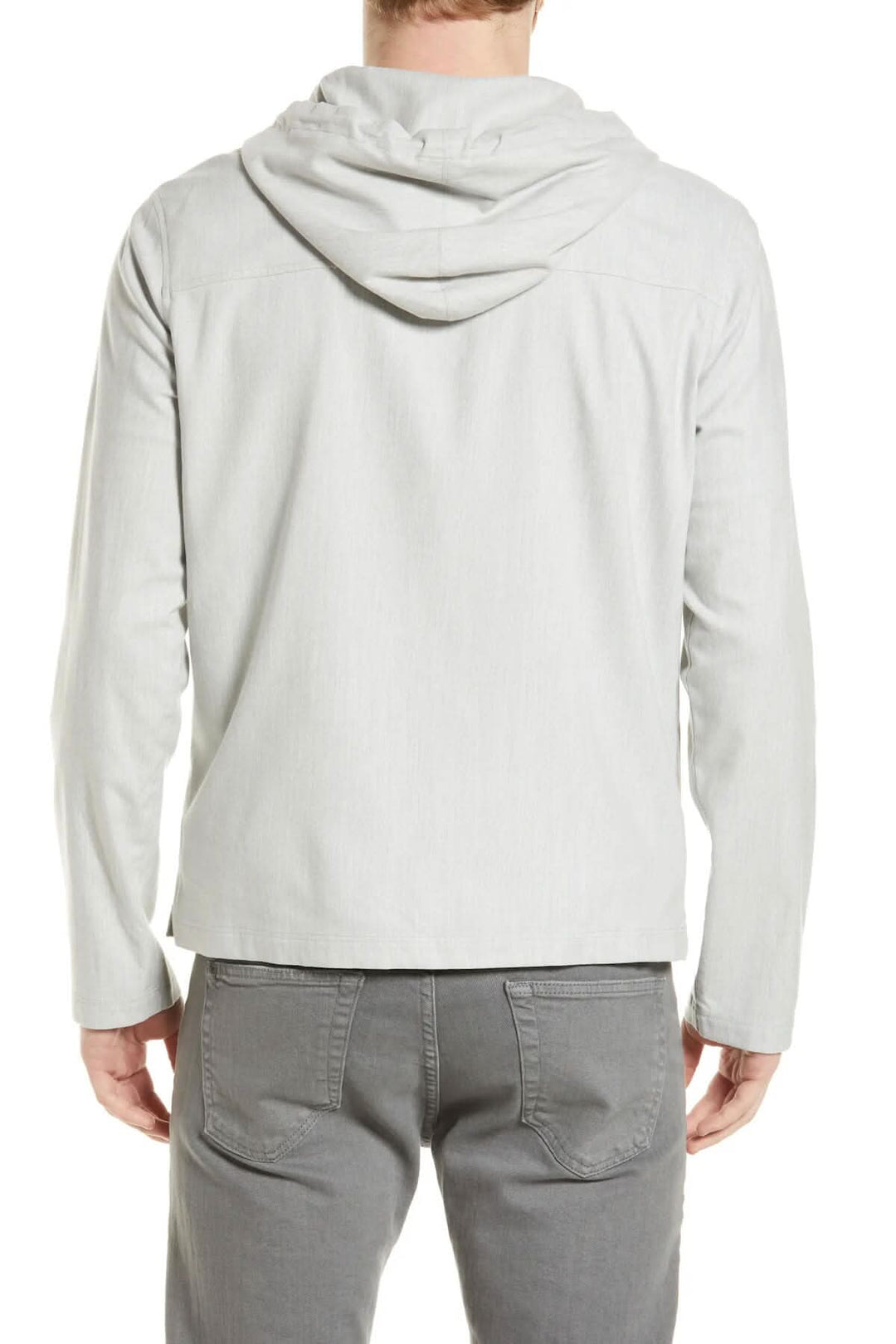 Veste technique légère avec capuche, vue arrière, en tissu sergé doux, couleur grise.