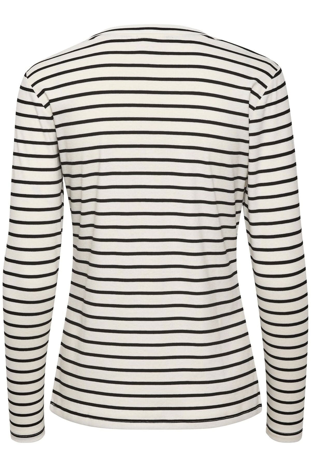 Vue arrière du t-shirt à manches longues Lidy, rayé noir et blanc, avec encolure ronde.