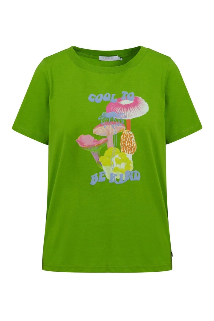 T-shirt vert avec imprimé de champignons colorés et inscription &