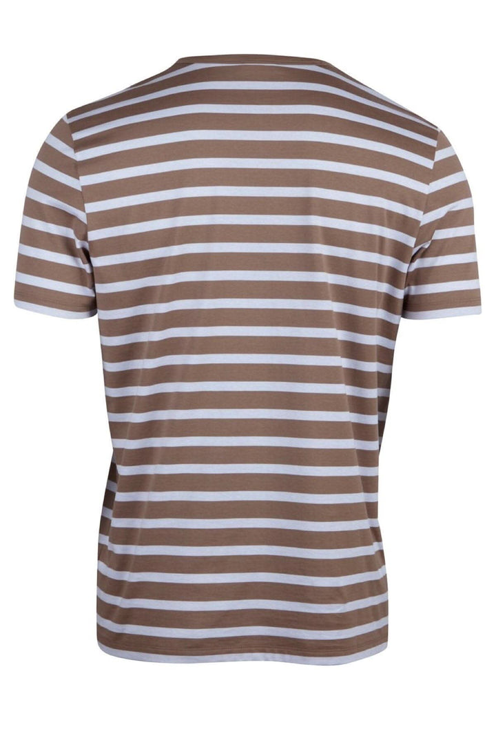 T-shirt ligné en coton blanc et beige, col rond, dos, style 440044-2488, 100% coton.