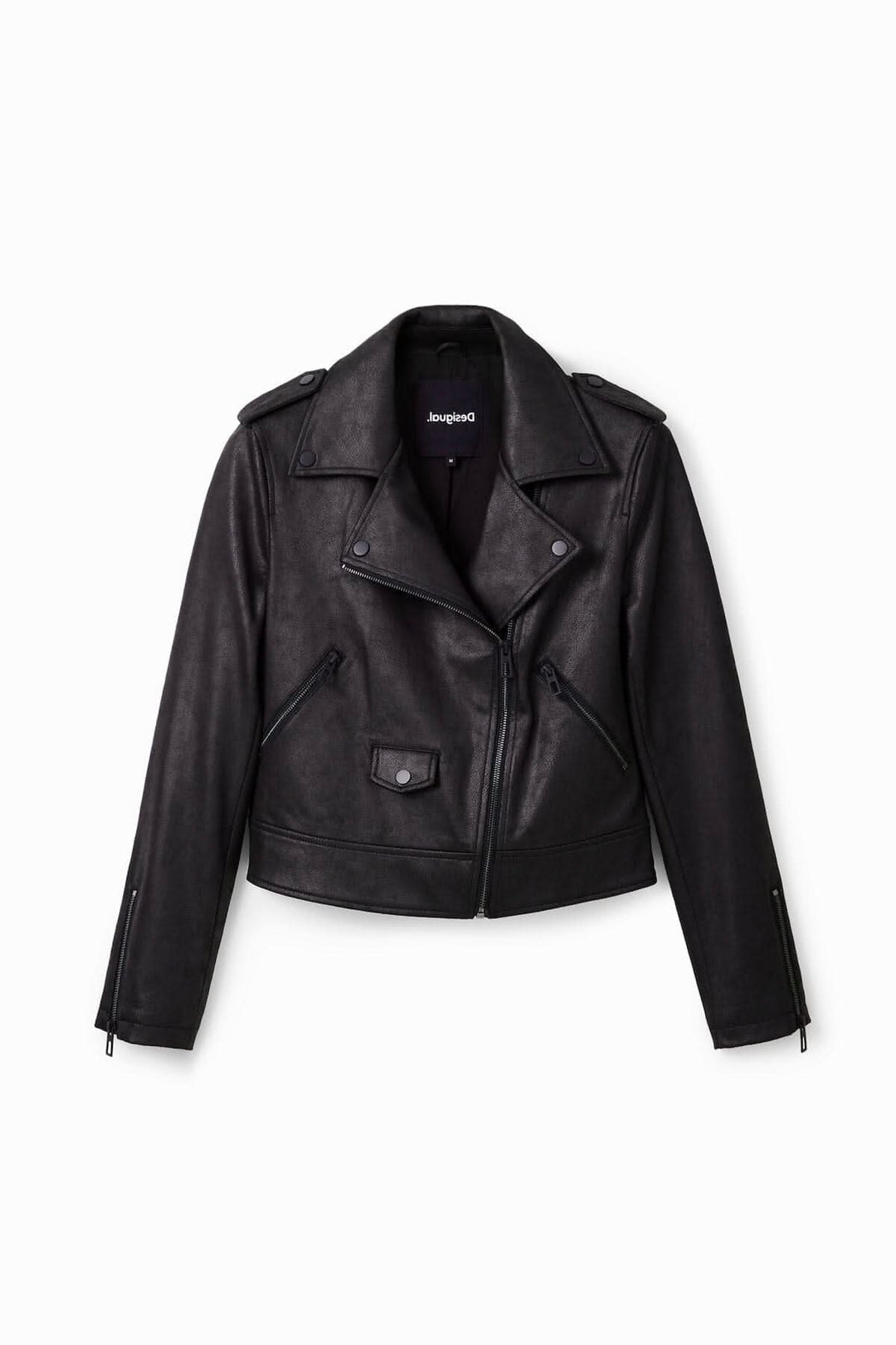 Veste biker ajustée en simili cuir noir avec col à revers et fermeture éclair, style décontracté.